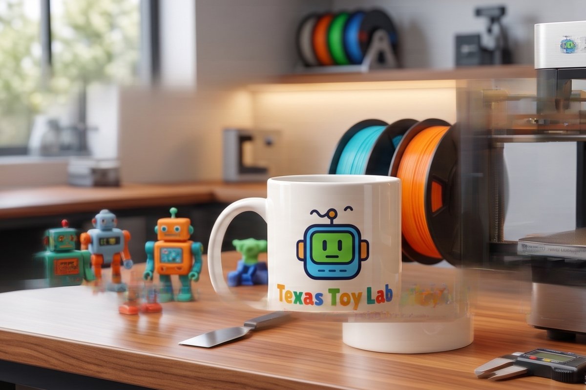 Always Printing Mug on the Lab workbench with toy robots and a 3D printer