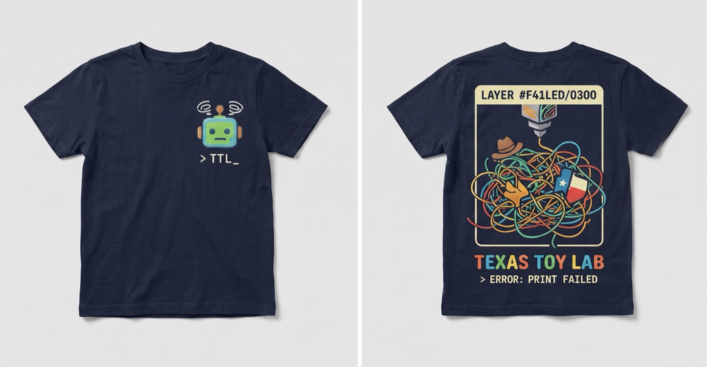 Always Printing Tee front and back: robot chest print and ERROR PRINT FAILED back design