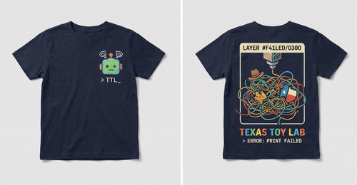 Always Printing Tee front and back: robot chest print and ERROR PRINT FAILED back design