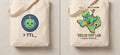 Lab Robot Tote front and back: robot patch and dino-on-Texas print design