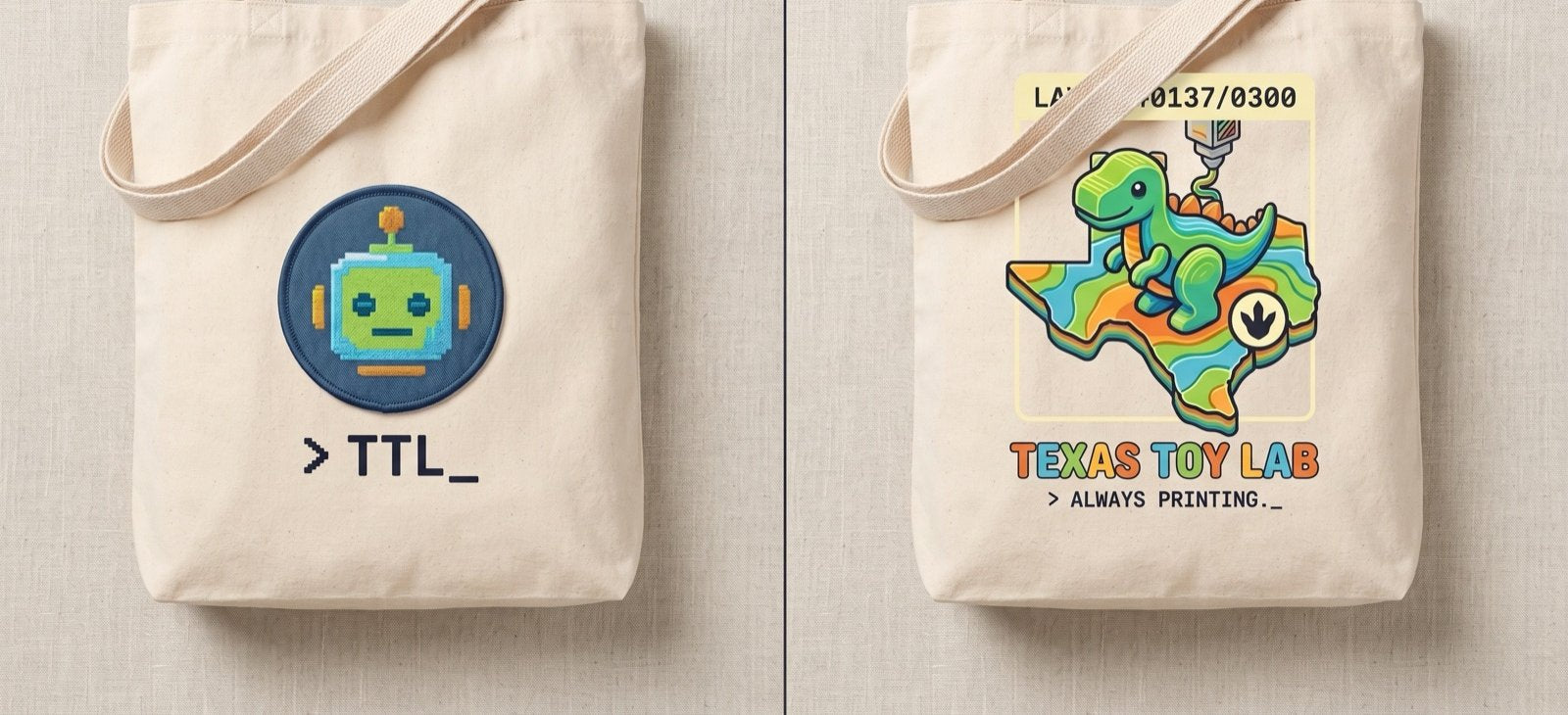 Lab Robot Tote front and back: robot patch and dino-on-Texas print design